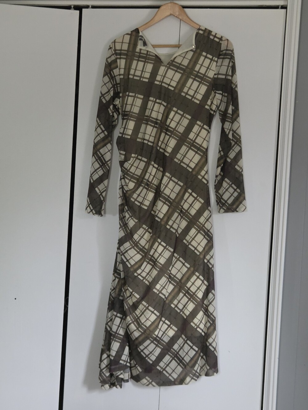 Anthropologie Olive and Cream Plaid Long-Sleeve Wrap Dress - Picture 3 of 4